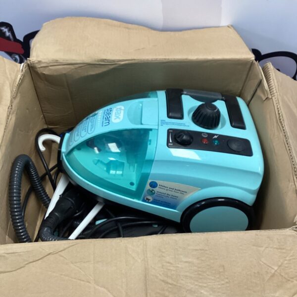 Front view of a used Vax steam cleaner with hose attached.