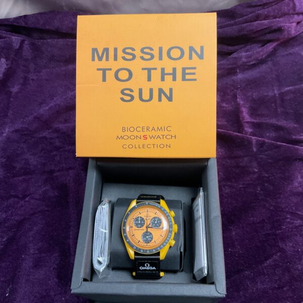 Front view of the Omega Swatch MoonSwatch Mission to the Sun watch.