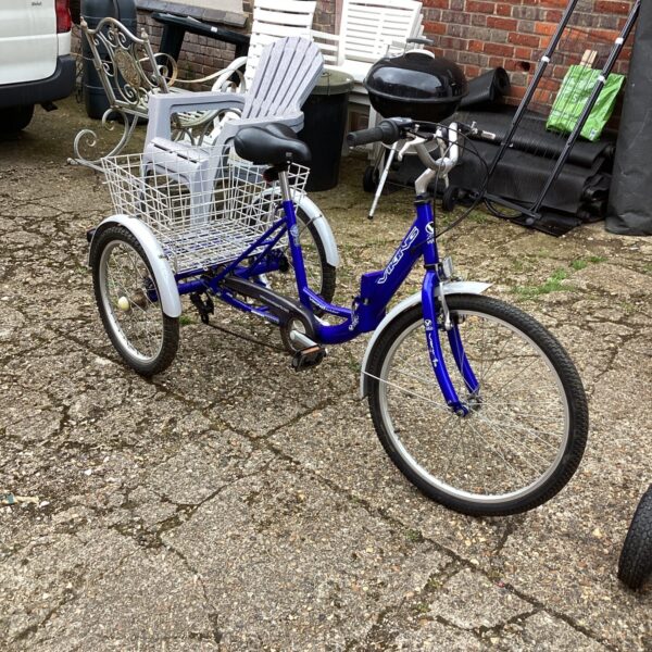 Blue Viking folding tricycle with a rear basket.