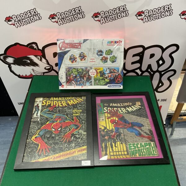 Vintage Marvel Avengers puzzle box and Spiderman poster lot.