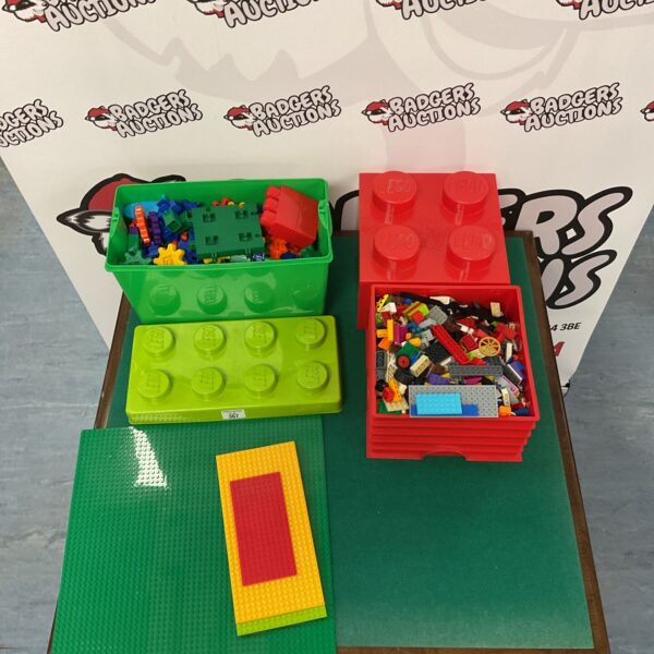 Mixed Lego and Megablocks building bricks in two boxes.