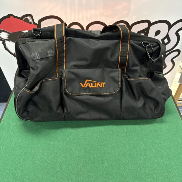 Front view of a black Vaunt wheeled tool bag.