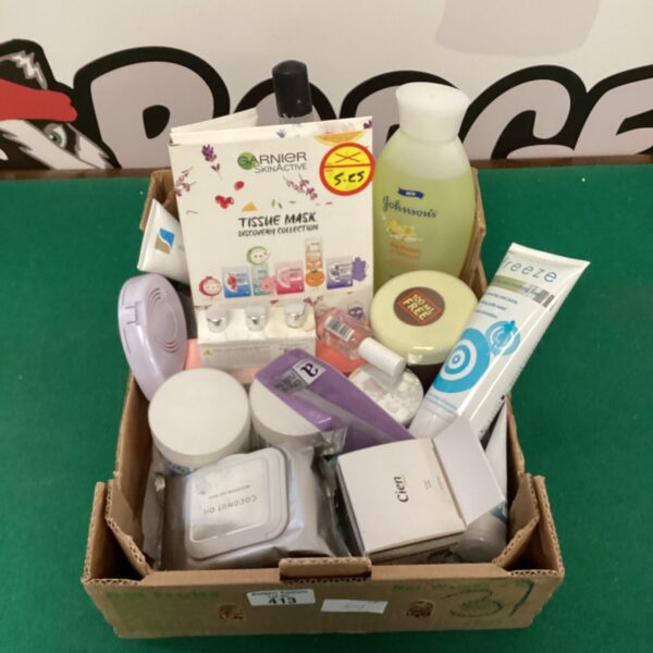 Tray of cosmetic items including Garnier and Johnson's products.