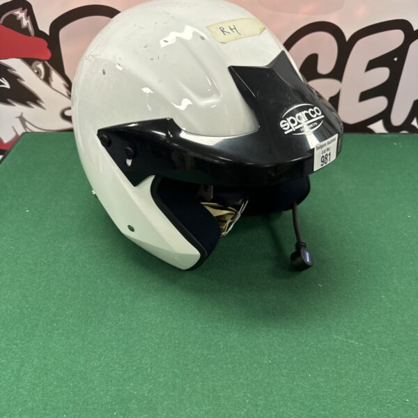 White Sparco helmet worn by Richard Hammond, front view.