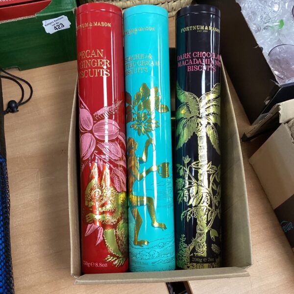Group of three vintage Fortnum & Mason biscuit tins, collectible kitchenalia.
