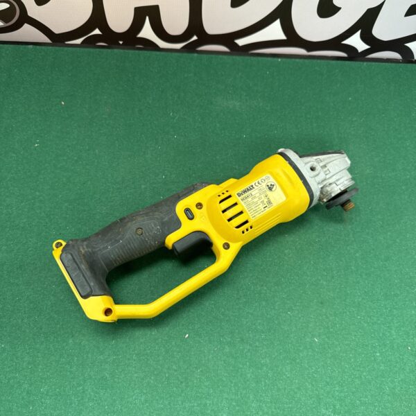 Dewalt DCG412 cordless angle grinder body, close-up view.