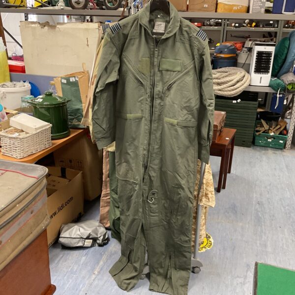 Front view of a vintage US Air Force flying suit, size 42R.
