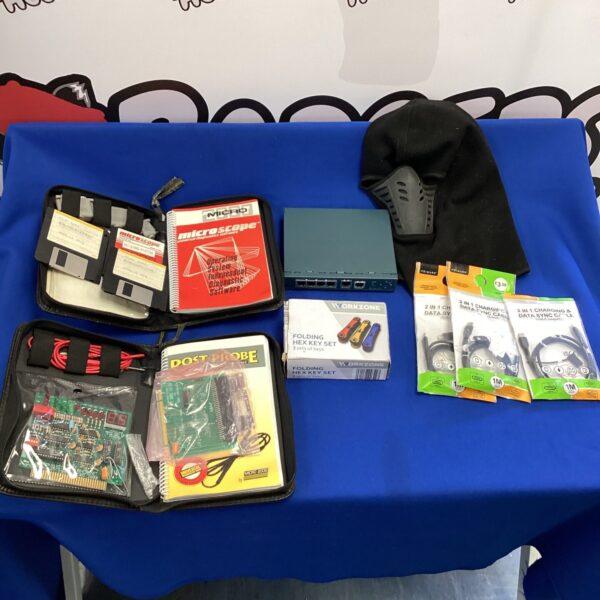 Vintage diagnostic kit and tools lot including microscope and data cables.