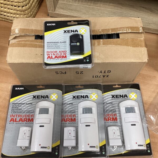 Xena door and window alarm lot, including intruder alarms, for home security.