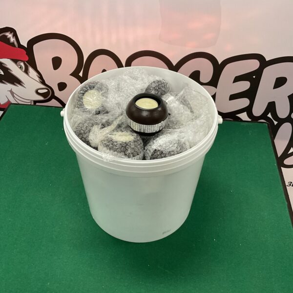 White tea lights in a plastic bucket, bulk quantity.