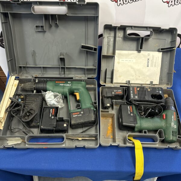 Bosch cordless drill lot with chargers, ideal for DIY projects.