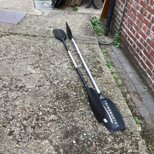 Pair of black canoe paddles with aluminium shafts, outdoor recreation.
