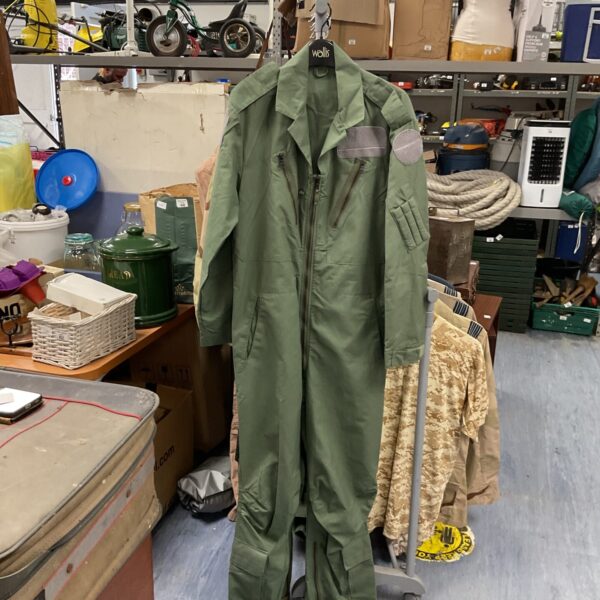 Front view of a green British Nomex flying suit, size 6.