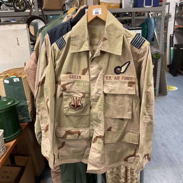 Front view of US Air Force BDU uniform with patches and insignia.