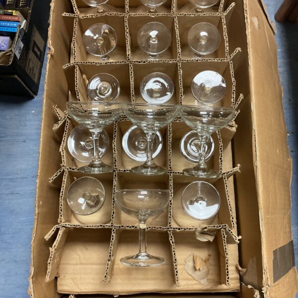 Lot of thirty-six vintage champagne saucer glasses for parties.