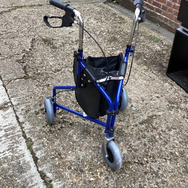 Blue three-wheeled walking aid trolley for mobility assistance.
