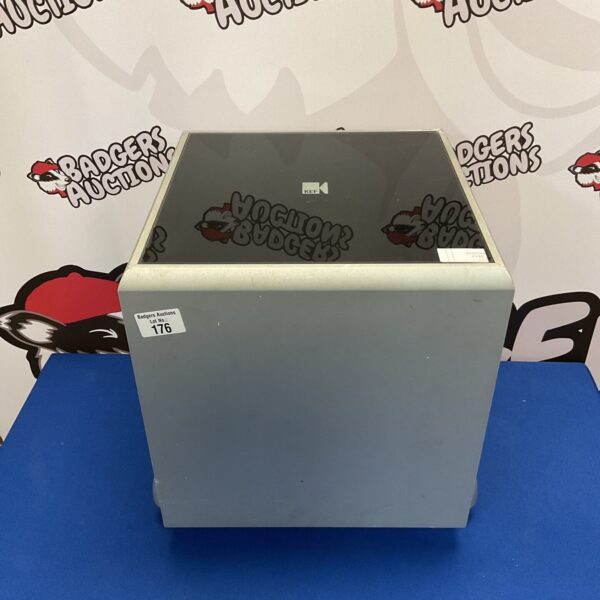 Kef PSW-2010 cube subwoofer, black finish, side view.