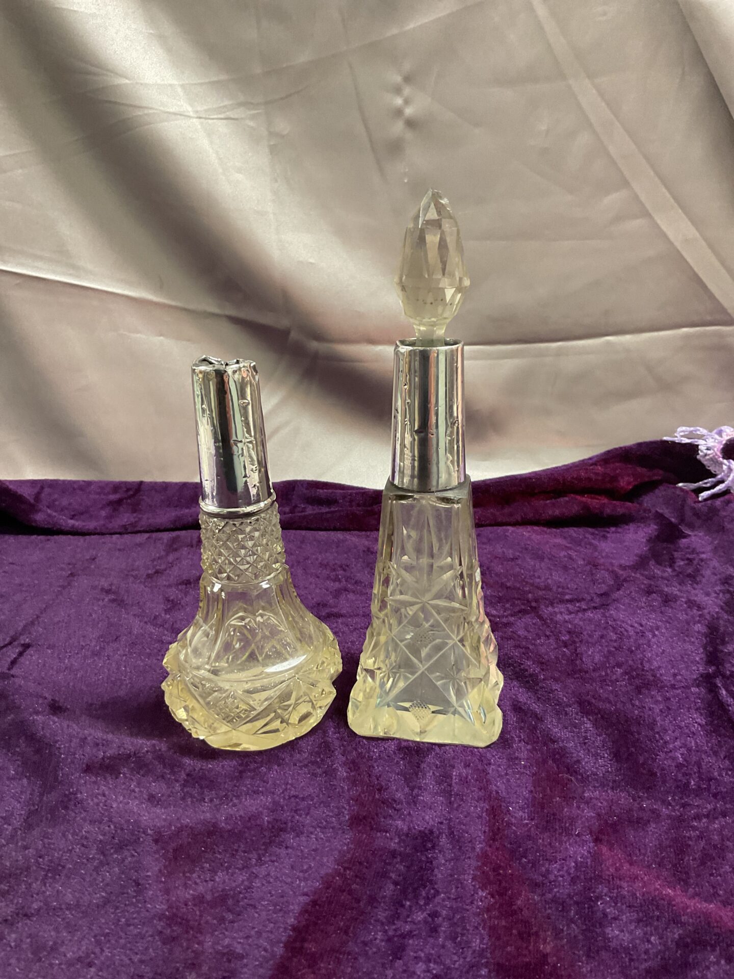 921 Two Silver Mounted 7” Cut Glass Bottles Damaged