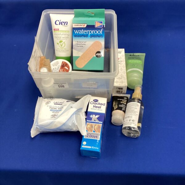 Cosmetic and hygiene bundle including facial wash and wipes.