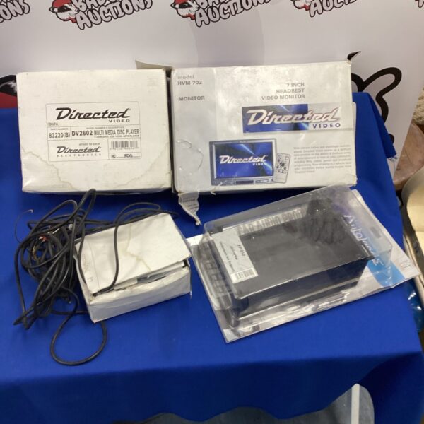 Directed HVM702 headrest DVD player with carrier and cables.