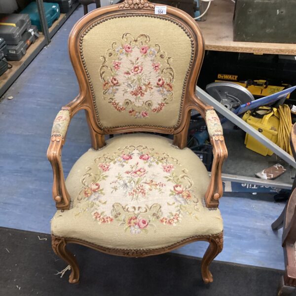 Regency Queen Anne open armchair with floral upholstery.