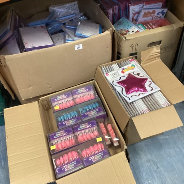 Mixed lot of occasion cards, balloons, and candles for celebrations.