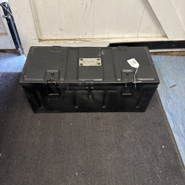 Vintage black ammo tin, a collectible metal storage container.