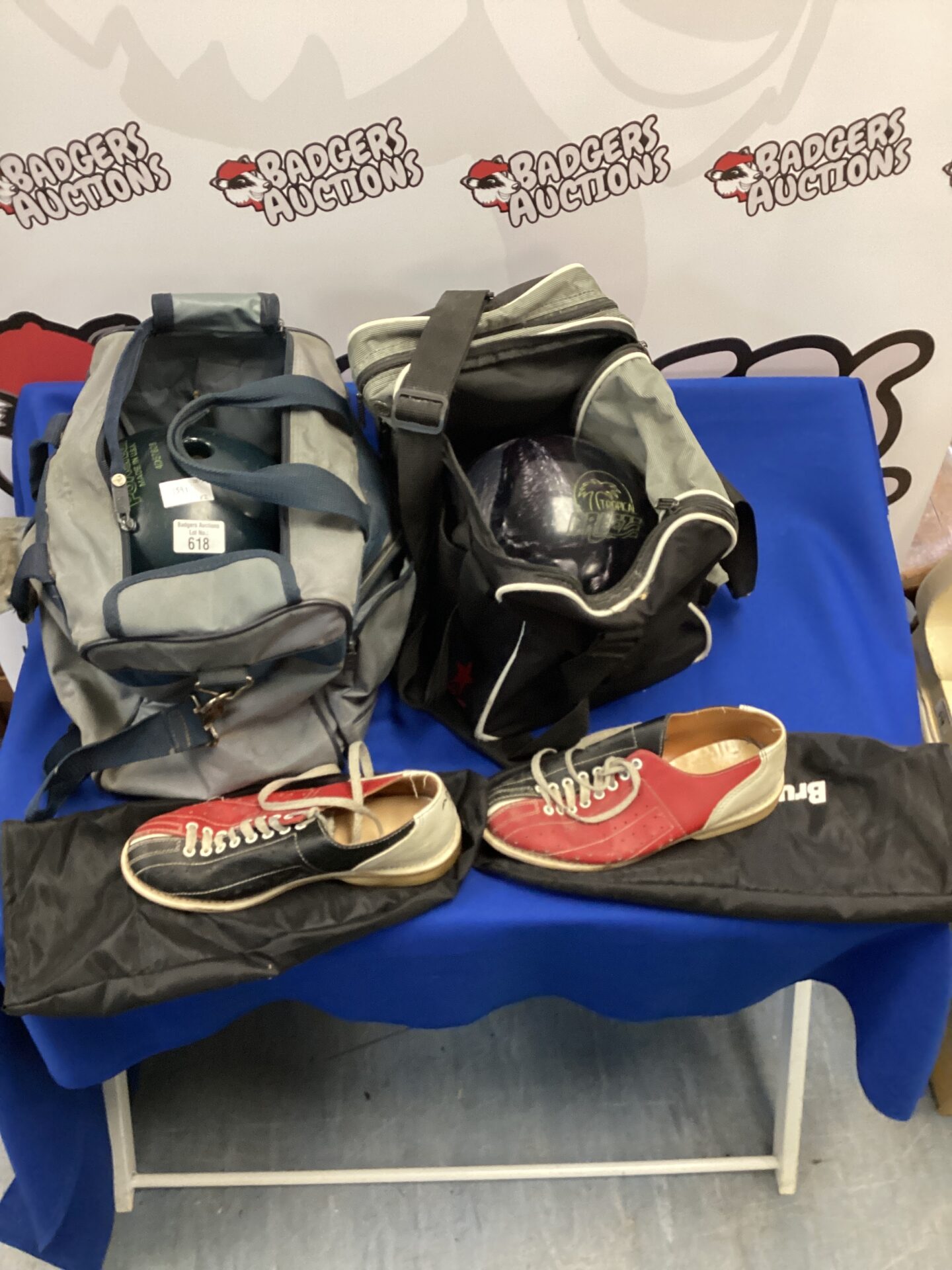 618 Two bowling balls inc tropical breeze & powerball with size 39 bowling shoes