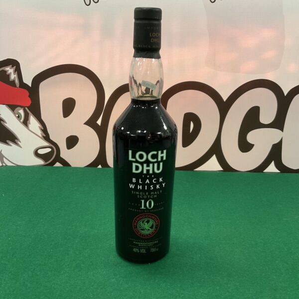 Bottle of Loch Dhu Black Whiskey single malt Scotch whisky.