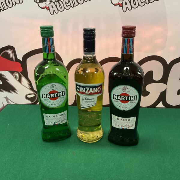 Vintage lot of Martini and Cinzano bottles for collectors.