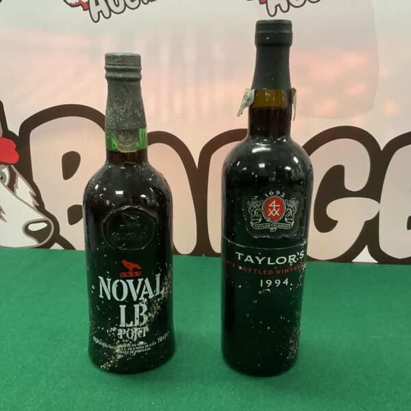 Vintage port wine bottles, Taylor’s 1994 and Novak LB, collectible wine.