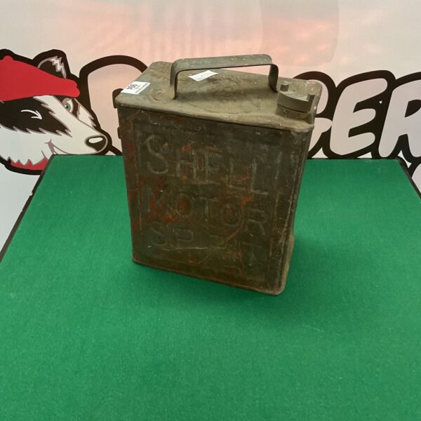 Vintage Shell fuel can with classic branding.