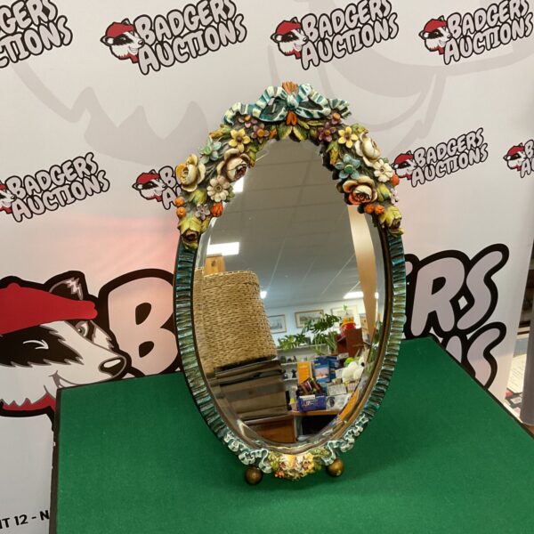 Antique Barbolla mirror with vibrant floral and ribbon details.