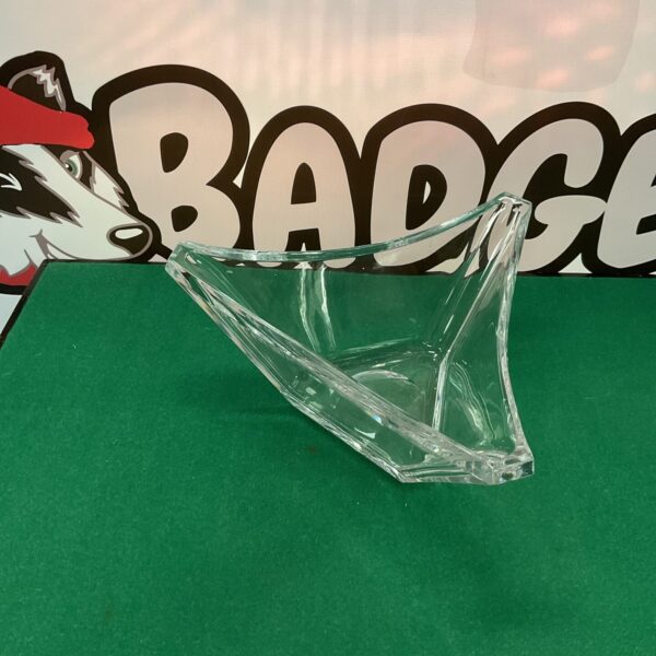 Large clear crystal tricorn bowl with faceted sides.