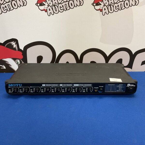 MOTU 8pre audio interface with microphone preamps and Firewire connection.