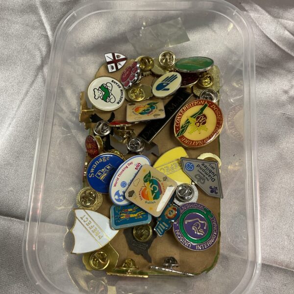 Tray of assorted collectible pin badges and button badges.