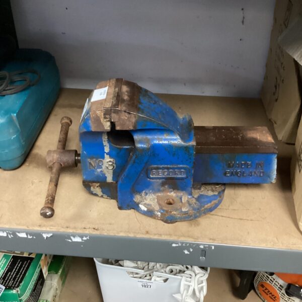 Vintage Record No3 bench vice, a classic metalworking tool.