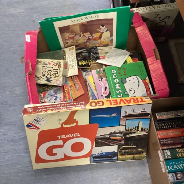 Mixed lot of vintage children's books, travel game, and Disney prints.
