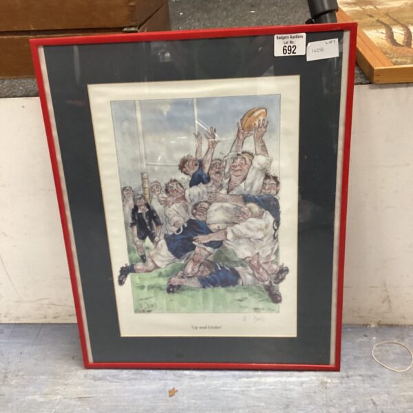 Signed comic rugby print “Up & Under” in a frame.