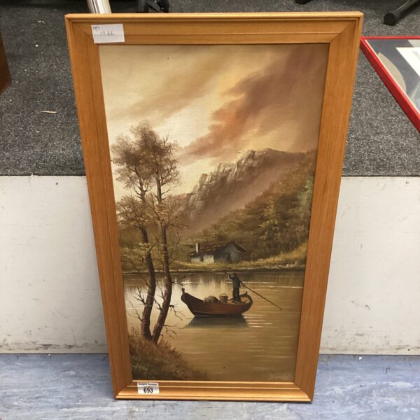 Vintage oil painting of a man on a calm lakeside scene.