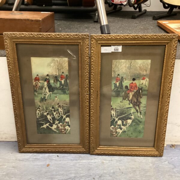 Pair of vintage hunting prints in gilded frames.