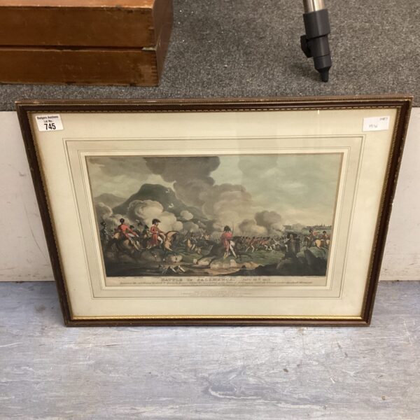 Hand coloured aquatint depicting the Battle of Salamanca, a key Napoleonic Wars engagement.