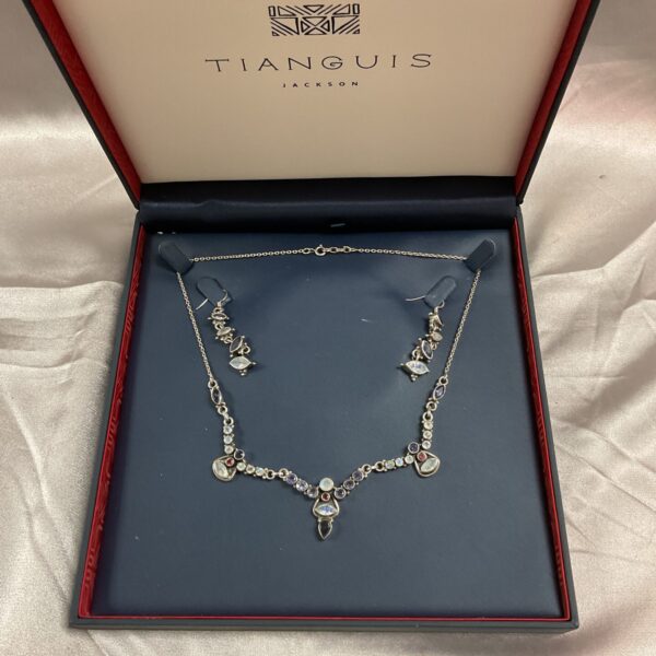 Silver multi-stone jewellery set with necklace and earrings displayed in a box.