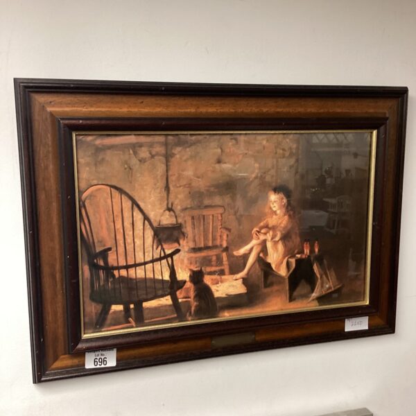 Vintage fireside print depicting a child by the hearth.