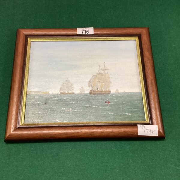 Vintage oil painting of sailing ships by A R Oliver.