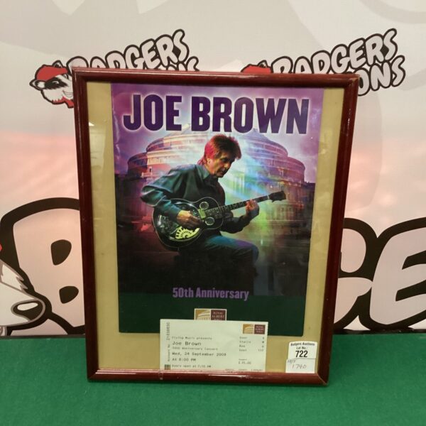 Framed Joe Brown 50th anniversary concert program and ticket.