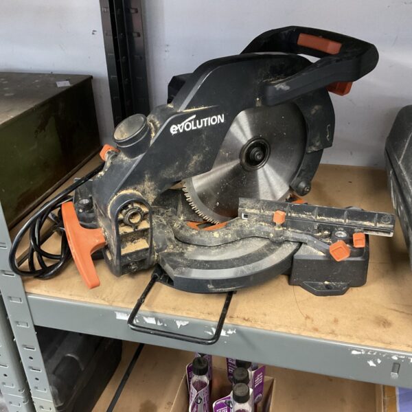 Evolution R210 compound mitre saw for woodworking and DIY projects.