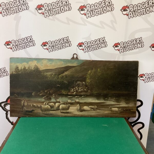 Antique oil painting of sheep crossing a ford in a landscape.