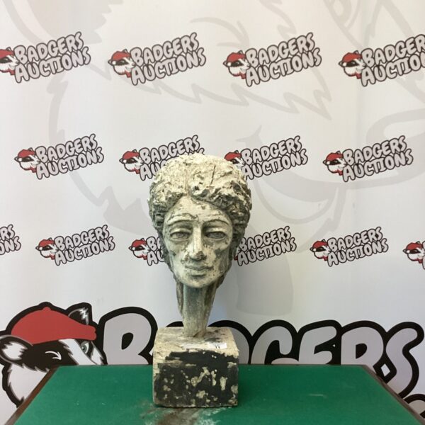 Detailed terracotta clay bust sculpture with classical features.