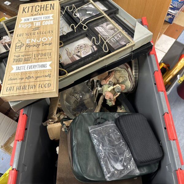 Large tea crate filled with a house clearance lot of vintage items.